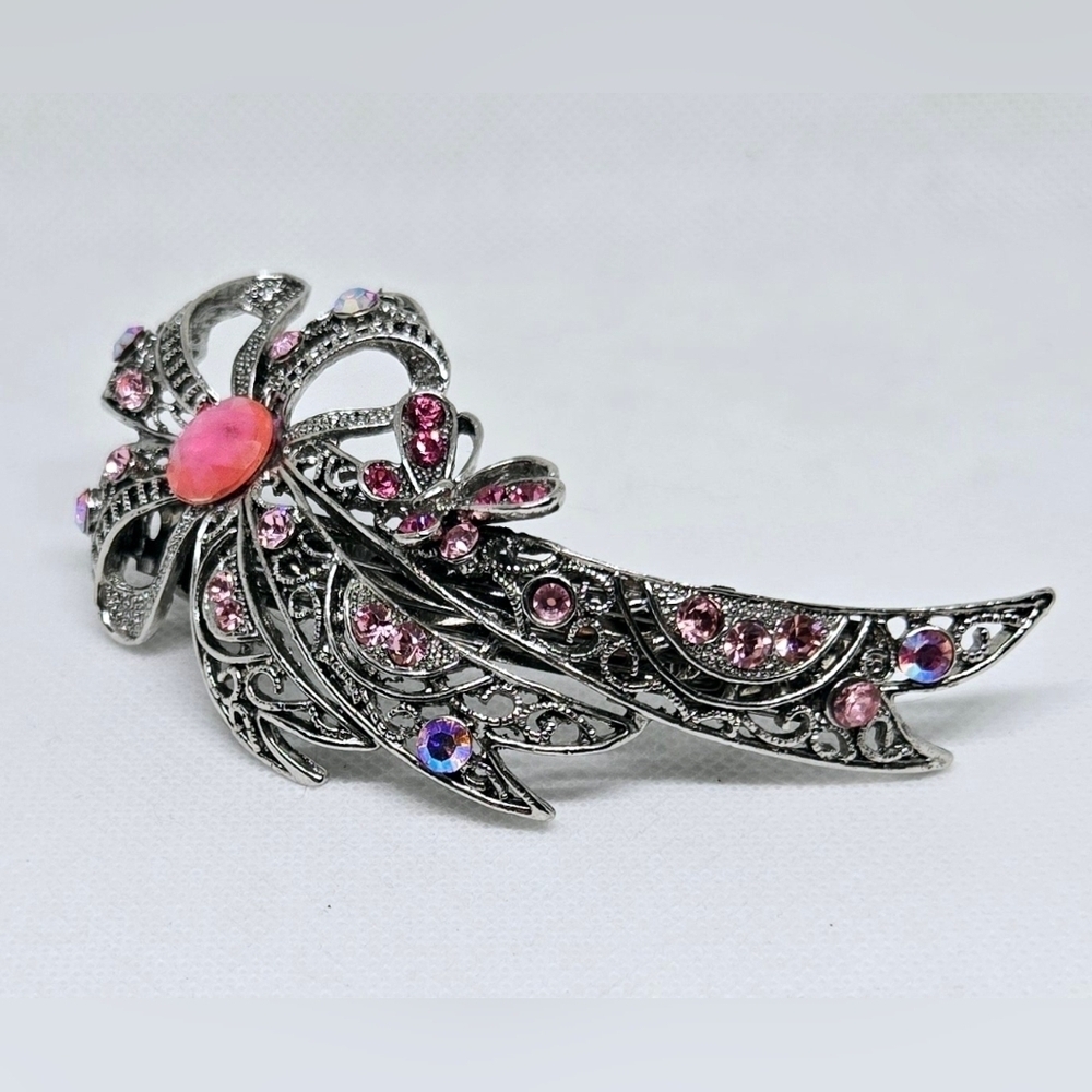 Vintage Silver & Pink Jeweled Hair Barrette – Victorian Style Accessory - Picture 2 of 8